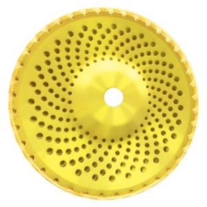 Lama circolare gialla per decespugliatori/bordatrici con fori e bordo seghettato.