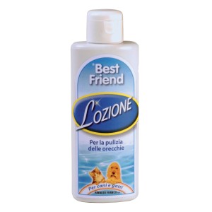 Lozione per la cura delle orecchie Best Friend per cani e gatti, flacone bianco.