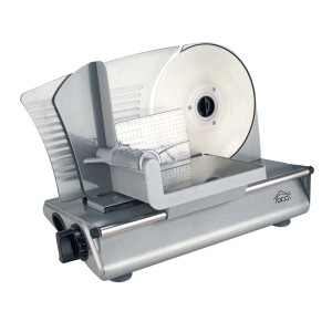 Affettatrice da cucina argentata con lama e cursore.