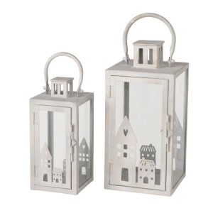 Set di lanterne Boltze Home Nordy, beige, con motivi di case, per decorazioni suggestive.