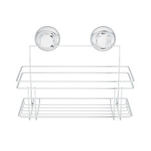 Cesto da parete bianco con ventose per accessori bagno e contenitori.