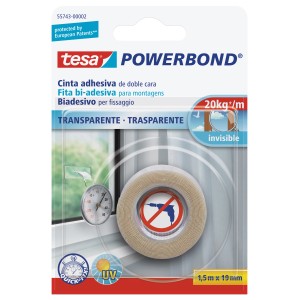 Nastro biadesivo trasparente Tesa Powerbond, 1,5m x 19mm, per interni ed esterni, fino a 20kg/m.