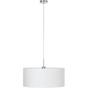 Lampada a sospensione bianca Eglo Pasteri con paralume in tessuto e dettagli nickel, diametro 53 cm.