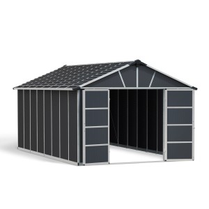 Casetta da giardino in metallo Palram Yukon, 17,2 m², antracite. Casetta con ingresso aperto.