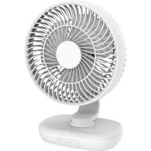 Ventilatore da tavolo cordless bianco (Ø 20 cm) con tre livelli di potenza e testa girevole.