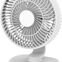 Ventilatore da tavolo cordless bianco (Ø 20 cm) con tre livelli di potenza e testa girevole.