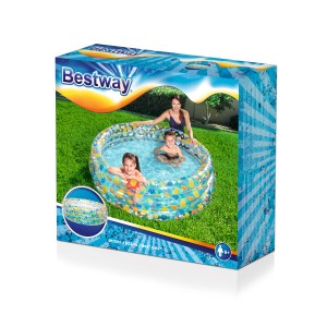 Piscina per bambini Bestway Tropical, Ø 170cm, con design a 3 anelli e motivi tropicali sulla confezione.