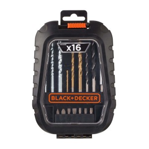 Set Black+Decker da 16 pezzi con punte per trapano e inserti per avvitatura in custodia.