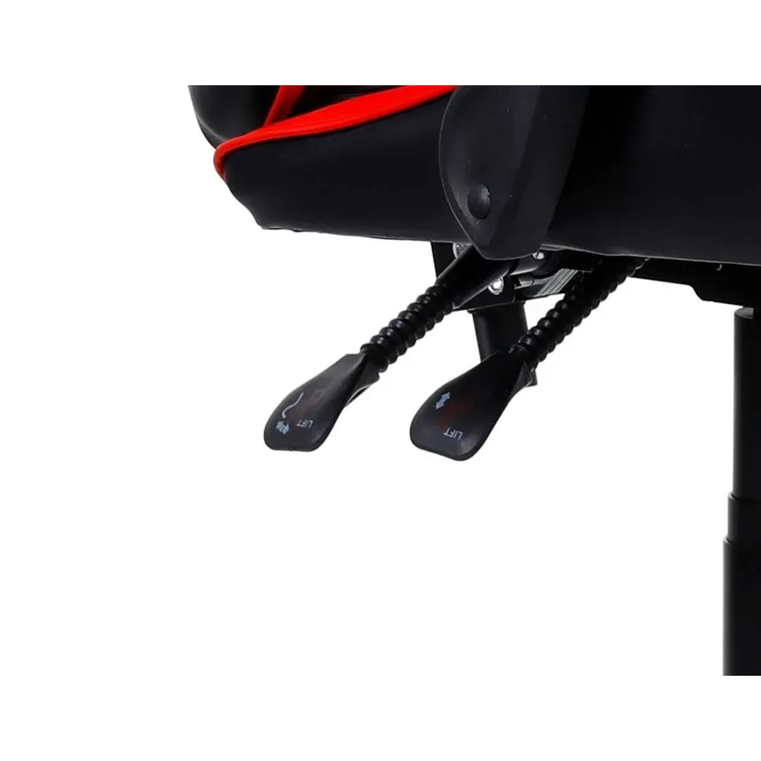 Dettaglio: meccanismi e leve di una sedia gaming nera.
