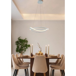 Moderna lampada a sospensione LED bianca sopra il tavolo da pranzo. Elegante Sospensioni per illuminazione di stile.
