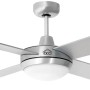 Ventilatore da soffitto argento con quattro pale e luce integrata.