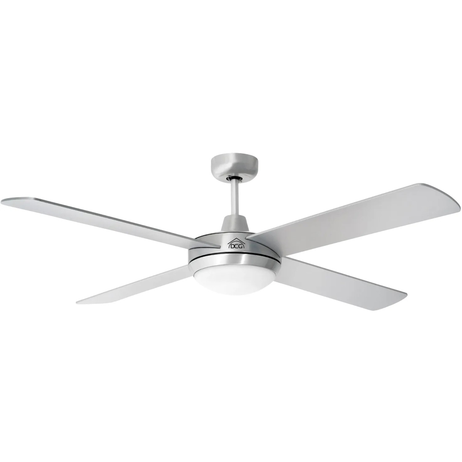 Ventilatore da soffitto argento con quattro pale e luce integrata.
