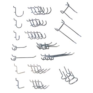 Vari ganci per pannelli forati per l'esposizione dei prodotti nel negozio online OBI.