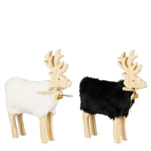 Renna decorativa bianca e nera con dettagli in legno, decorazioni per l'albero di Natale.