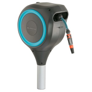 Avvolgitubo grigio con accenti blu e tubo montato.