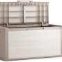 Box contenitore/da giardino beige aperta. Ideale per riporre oggetti in giardino o in terrazza.