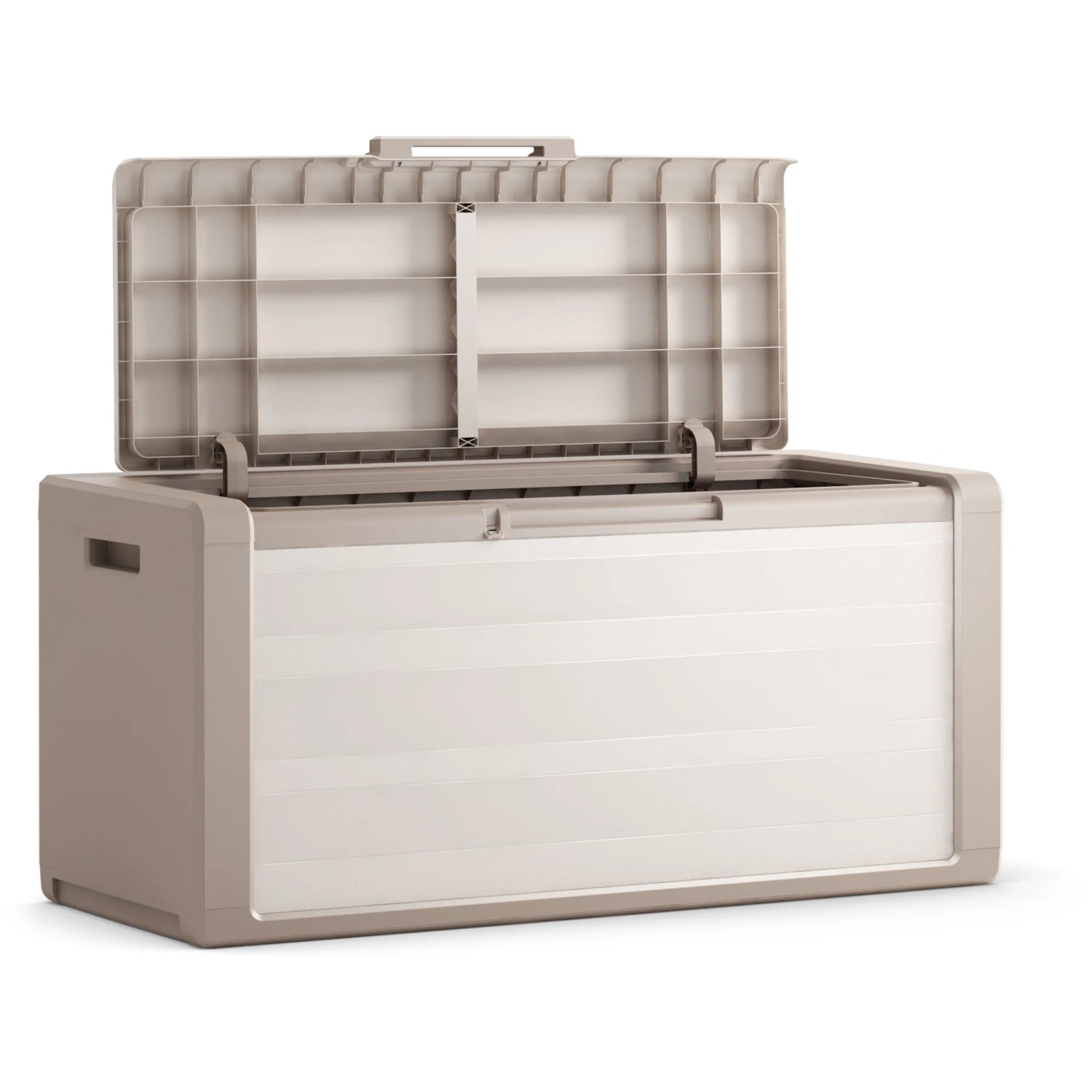 Box contenitore/da giardino beige aperta. Ideale per riporre oggetti in giardino o in terrazza.