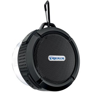 Altoparlante Bluetooth nero rotondo di t.b.t. con moschettone per accessori audio.