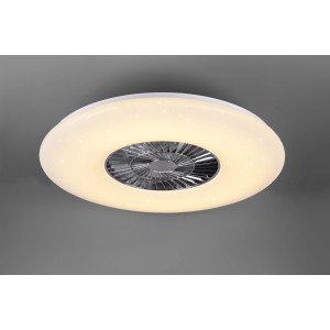 Plafoniera LED bianca Visby con ventilatore cromato, 60W, dimmerabile e con telecomando.