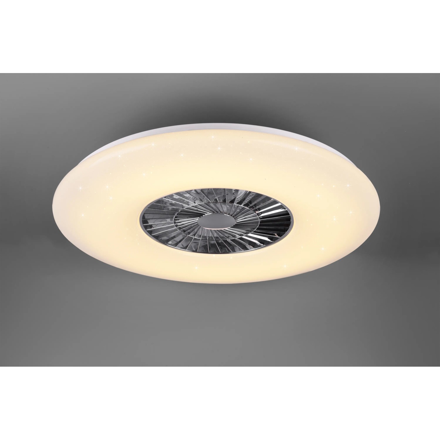 Plafoniera LED bianca Visby con ventilatore cromato, 60W, dimmerabile e con telecomando.