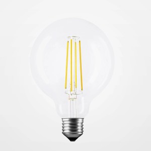Lampadina LED E27 trasparente con design a globo G95. Ideale per illuminazione decorativa.