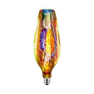 Lampadina LED E27 decorativa con sfumature colorate e aspetto a filamento.