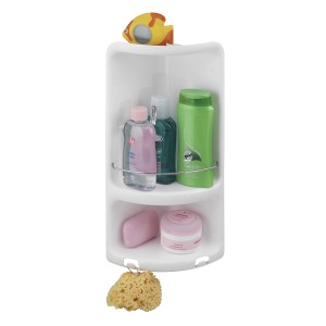 Mensola angolare bianca per accessori bagno con due ripiani e pesce decorativo.