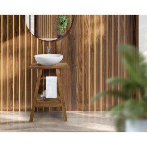 t.b.t. lavabo d'appoggio su struttura in legno con asciugamano e ripiano.