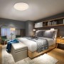 Plafoniera LED Brilo Moon bianca, dimmerabile, con decoro a stelle e telecomando in camera da letto.