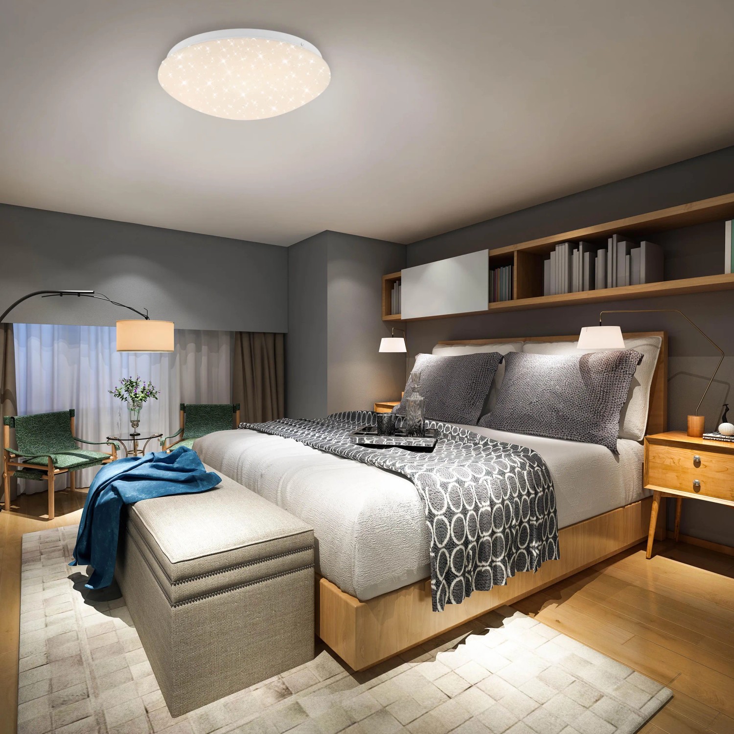 Plafoniera LED Brilo Moon bianca, dimmerabile, con decoro a stelle e telecomando in camera da letto.