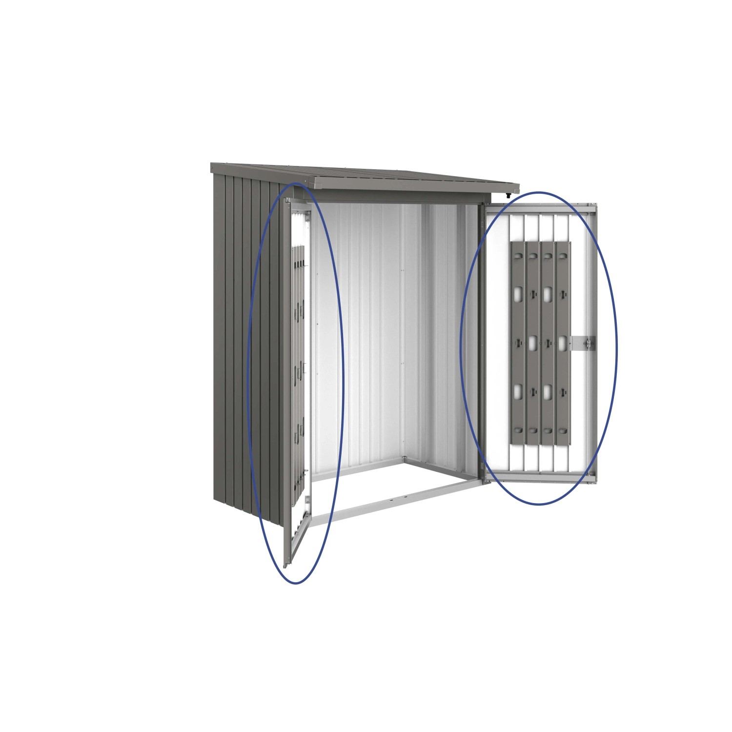 Pacchetto porta Biohort per legnaia WoodStock 150, grigio quarzo metallizzato, con sistema di stoccaggio.