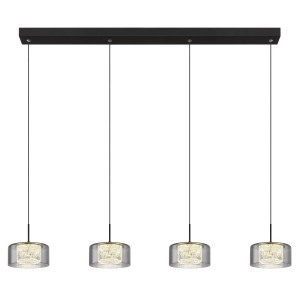 Moderna lampada a sospensione t.b.t. con quattro paralumi grigi per sala da pranzo e soggiorno.