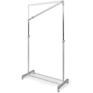 Stendibiancheria t.b.t. regolabile in metallo con griglia portaoggetti e ruote.