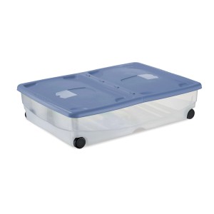 Contenitore trasparente t.b.t. su ruote con coperchio blu.