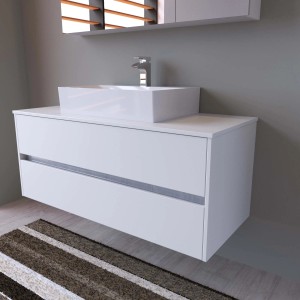 Mobile bagno t.b.t. bianco con lavabo d'appoggio e due cassetti. Arredo bagno moderno.