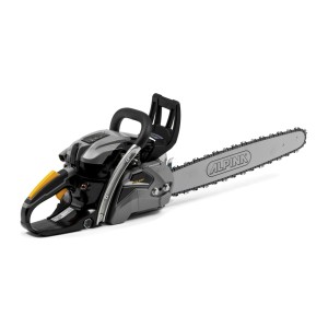 Motosega t.b.t. grigia con manico nero e catena argentata.