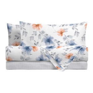 Completo letto matrimoniale stampato floreale azzurro