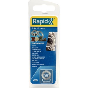 Occhielli Rapid 23x12mm, confezione da 25 per tessuti sottili e pelle.