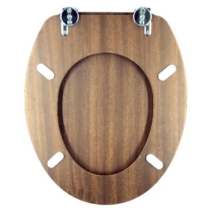 Sedile WC t.b.t. in legno marrone con cerniere cromate, vista dall'alto.