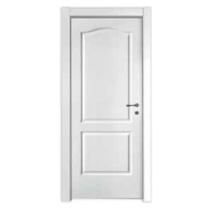 Porta interna bianca con due pannelli e inserto superiore arrotondato.