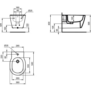 Disegno tecnico di un bidet t.b.t. con dimensioni.