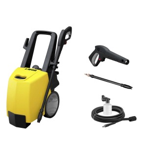 Idropulitrice gialla con accessori come pistola, lancia e contenitore per la pulizia.