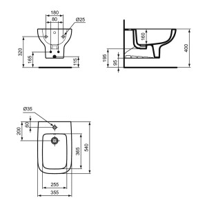 Disegno tecnico di un bidet t.b.t. con dimensioni.
