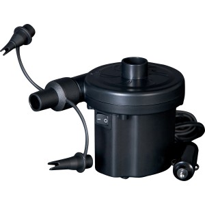 Pompa ad aria elettrica nera per piscine, con vari accessori e connessione 12V.