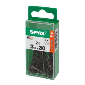 Viti universali Spax 3,5x30 mm, zincate, nere, 20 pezzi in contenitore di plastica verde.