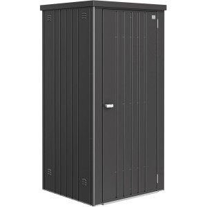 Armadio da giardino Biohort taglia 90, grigio scuro metallizzato, con porta e fessure di ventilazione.