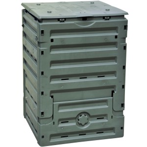 Compostiera t.b.t. grigia in plastica per il giardino.