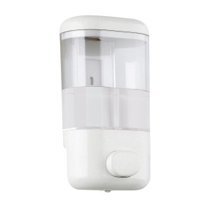 Dispenser sapone bianco da parete, ideale per bagno e cucina.