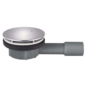 Sifone per lavabo con copertura cromata e tubo di scarico grigio.