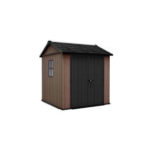 Piccola casetta da giardino in plastica marrone e nera con finestra e doppia porta.